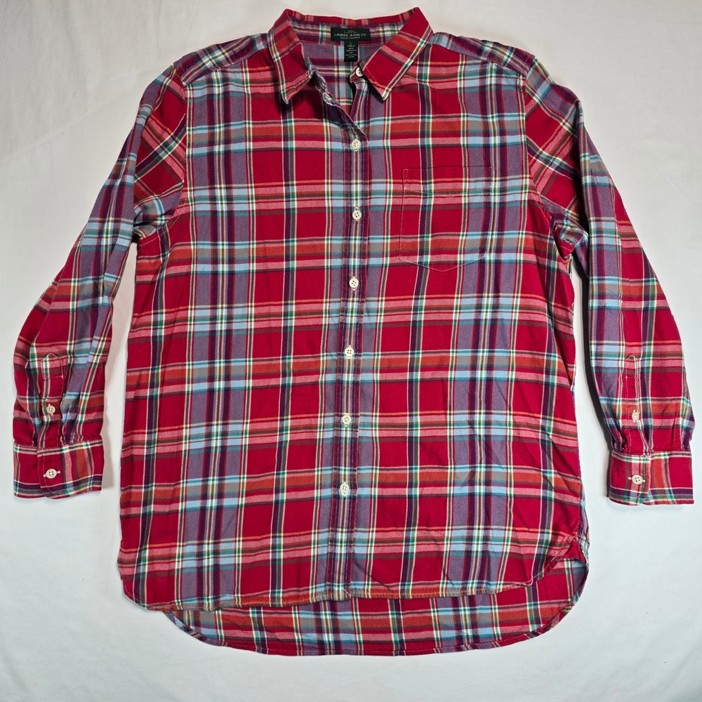 Lauren Ralph Lauren Red‎ Plaid Button Down Shirt Womens Large Cotton Flannel LRL